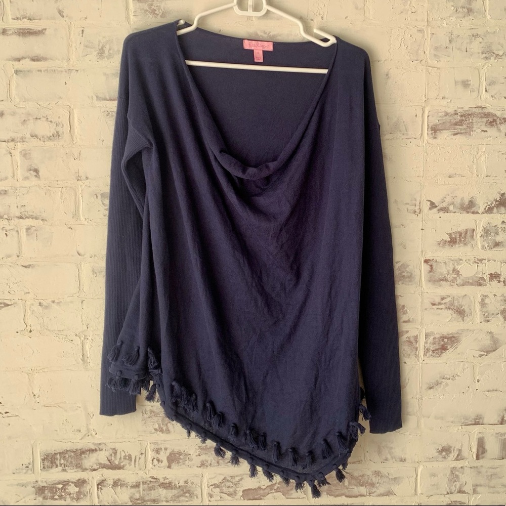 Lilly Pulitzer Ferrera Sweater Navy Blue Sz S Coolmax Fringe Asymmetric Hem